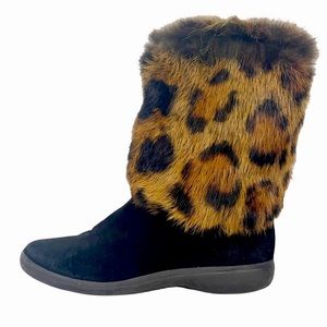 STUART WEITZMAN Leopard Printed Fur Black Suede Flat Boots